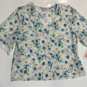 Nanette Lepore Cotton Swiss Dot Floral Blouse Sz L Cottage Lace Sheer Shabby Top